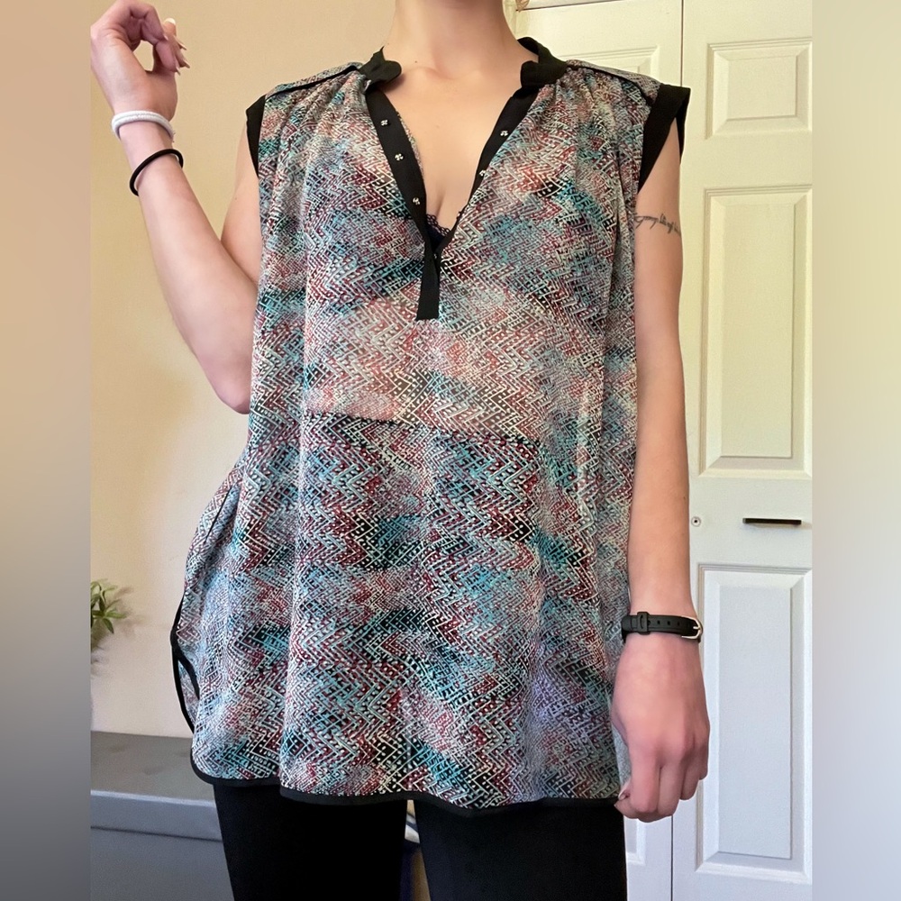 Rebecca Taylor Y2K Sheer Chiffon Tunic Top Sleeveless Blouse Teal Flowy Size 8